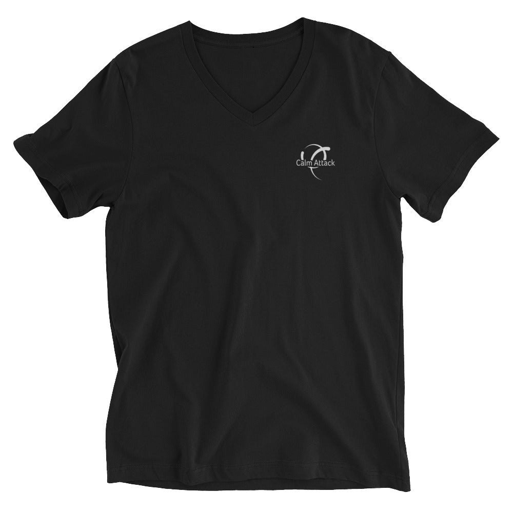 Unisex Short Sleeve V-Neck T-Shirt with Calm Attack logo