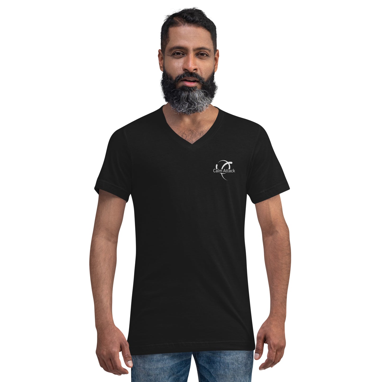 Unisex Short Sleeve V-Neck T-Shirt with Calm Attack logo