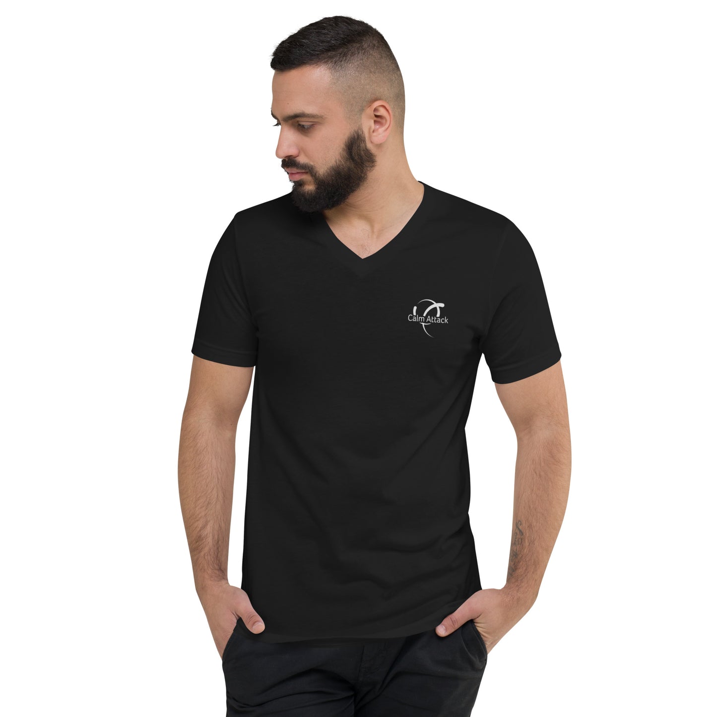 Unisex Short Sleeve V-Neck T-Shirt with Calm Attack logo