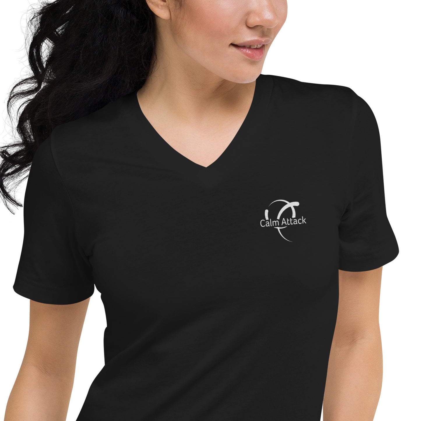 Unisex Short Sleeve V-Neck T-Shirt with Calm Attack logo