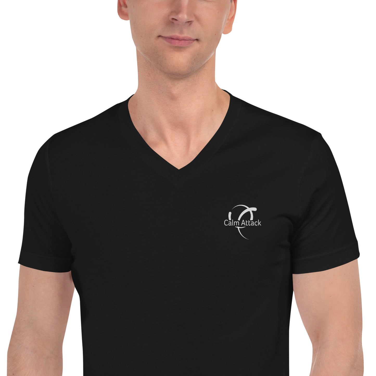 Unisex Short Sleeve V-Neck T-Shirt with Calm Attack logo